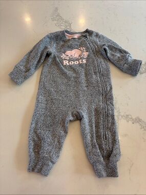 Roots Grey Footed Baby One-Piece with Pink Logo